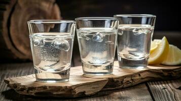 traditionell griechisch Wodka - - Ouzo im Schuss Brille auf rustikal Holz Hintergrund. generativ ai foto