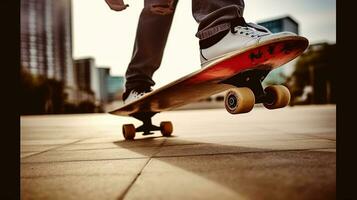 Skateboardfahrer Beine Skateboarding Trick ollie beim Stadt Schlittschuh Park. generativ ai foto