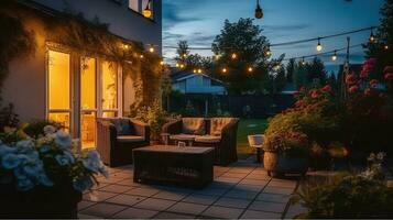 Umarmen ein Sommer- Abend auf das Terrasse von ein schön Vorort- Haus. generativ ai foto