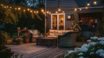 Einweichen im das Pracht von ein Vorort- Häuser Terrasse auf ein Sommer- Abend. generativ ai foto