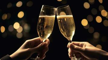zwei Brille von Champagner Toasten im Mitternacht Pracht. generativ ai foto