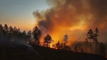 eingehüllt Wildnis, ein Landschaft Wald bedeckt im Abend Dunst wie Feuer Rauch Schleier das wolkig Himmel. generativ ai foto