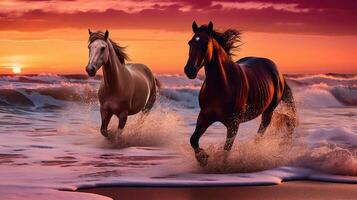 wild Pferde galoppierend auf das Strand inmitten ein atemberaubend Sonnenaufgang und beschwingt Ozean Wellen. generativ ai foto