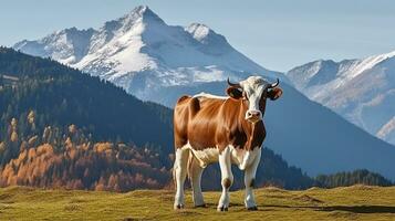 ein malerisch Szene von ein Kuh beim Frieden im das hoch Wiesen, hoch aufragend schneebedeckt Berge wie das Hintergrund. generativ ai foto