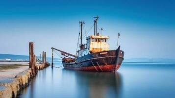 lange Exposition Erfassung von ein alt Schiff beim das Seebrücke inmitten heiter Wasser auf ein Sommer- Tag. generativ ai foto