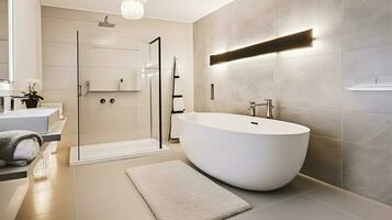 ein stilvoll geräumig Badezimmer mit ein Weiß Keramik Badewanne, Glas Dusche Kabine, erhitzt Handtuch Schiene, und beleuchtet Eleganz. generativ ai foto