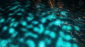 faszinierend oben Aussicht von glühend Beleuchtung Tanzen auf das Wasser Oberfläche im ein Schwimmen Schwimmbad, generativ ai foto