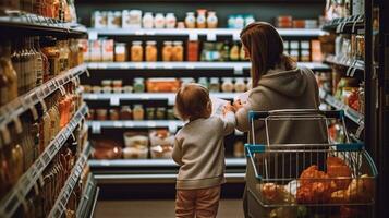 ein jung Mutter und ihr Baby mit ein Lebensmittelgeschäft Wagen wählen Essen auf ein Supermarkt Regal. das Konzept von Einkaufen und Erziehung. generativ ai foto