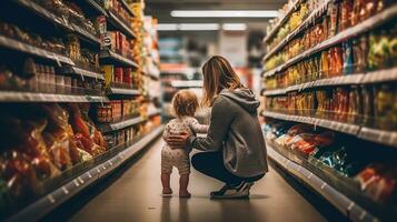 ein jung Mutter und ihr Baby mit ein Lebensmittelgeschäft Wagen wählen Essen auf ein Supermarkt Regal. das Konzept von Einkaufen und Erziehung. generativ ai foto