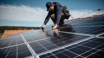 ein Arbeiter installiert Solar- Paneele auf das Dach von ein Haus, generativ ai foto