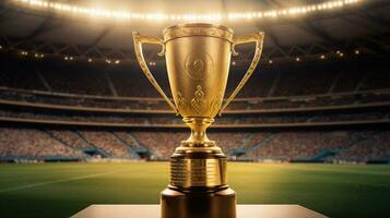 das Meister Gold Tasse steht hoch wie das erhaben Preis- im das Fußball Stadion. generativ ai foto