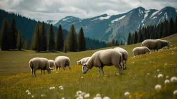 Schaf Weiden lassen im alpin Wiesen und Einheiten mit Berg Natur. generativ ai foto