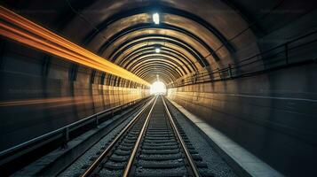 U-Bahn Tunnel mit verschwommen Licht Spuren. generativ ai foto