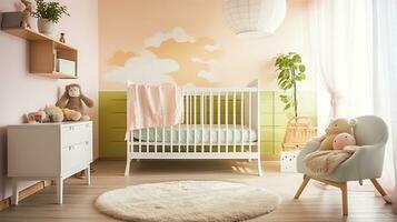 Innere von Licht modern Kinder- Zimmer mit Krippe. generativ ai foto