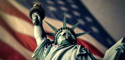 Statue von Freiheit und das USA Flagge im harmonisch Anzeige. generativ ai foto