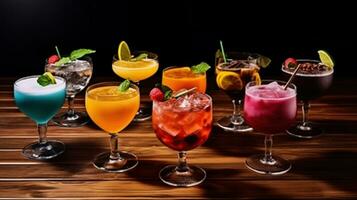 exquisit Array von bunt exotisch Cocktails auf ein hölzern Tisch. generativ ai foto