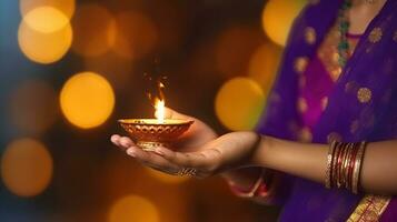 traditionell indisch Festival, Diwali oder Festival von Beleuchtung. Frau im Sari Hände halten Öl Lampe, generativ ai foto