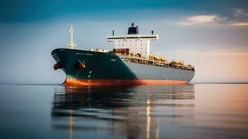 groß Träger Schiff, Reisen mit Geschwindigkeit Über Ruhe Ozean, generativ ai foto