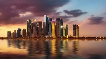 Panorama von Doha Stadt Center gemalt im wolkig Dämmerung Farbtöne. generativ ai foto