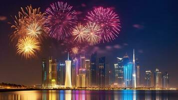 das beleuchtet städtisch Horizont von Doha, mit Feuerwerk zum ein Feier Fall, generativ ai foto