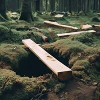 verschwommen Bild. Christian Kreuze sind gemacht von Holz auf ein Grün Hintergrund. generativ ai foto
