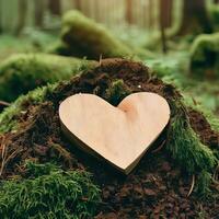 Beerdigung Herz Sympathie oder hölzern Beerdigung Herz in der Nähe von ein Baum. natürlich Beerdigung Grab im das Wald. Herz auf Gras oder Moos. Baum Beerdigung, Friedhof und alle Heilige Tag Konzepte generativ ai foto