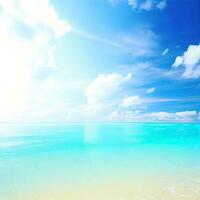 schön tropisch Strand mit Blau Himmel und Weiß Wolken abstrakt Textur Hintergrund. Kopieren Raum von Sommer- Ferien und Urlaub generativ ai foto