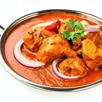 indisch Essen oder indisch Curry im ein Kupfer Messing- Portion Schüssel, Hähnchen Curry, Indien, indisch Stil Fleisch Gericht, oder Hammelfleisch Curry im ein Kupfer Messing- Schüssel isoliert auf a. generativ ai foto