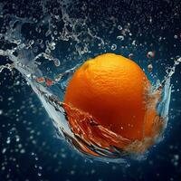Orange mit Wasser Spritzer, 3d Rendern auf ein Blau Hintergrund generativ ai foto