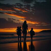 glücklich Familie mit Kinder Gehen beim Sonnenuntergang Zeit generativ ai foto