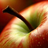 ein Nahansicht von ein rot Apfel mit Wasser Tropfen auf es generativ ai foto