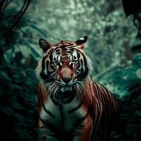 ein Tiger im das Urwald mit das Wörter Tiger im das Ecke ein Tiger im das Urwald generativ ai foto