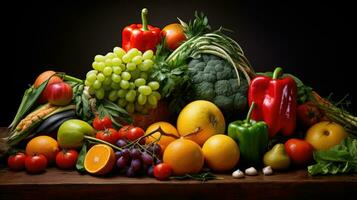 Studio Schuss von verschiedene Früchte und Gemüse isoliert auf schwarz Hintergrund. oben Sicht. hoch Auflösung Produkte foto