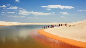 Touristen Gehen auf Wüste Sand Dünen mit rot Fluss Antenne Aussicht beim Sonnenuntergang, erzeugt mit ai foto