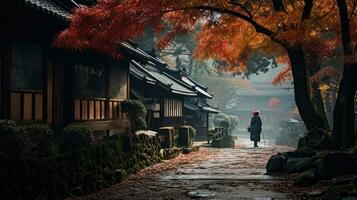 ein Samurai steht im das Gasse von ein alt Haus im das Kicho Senke beim Nacht.generiert mit ai foto