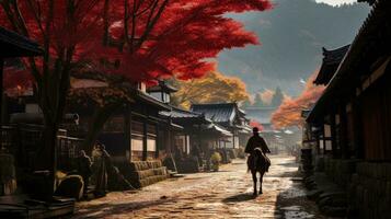 ein Samurai steht im das Gasse von ein alt Haus im das Kicho Senke beim Nacht.generiert mit ai foto