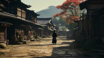 ein Samurai steht im das Gasse von ein alt Haus im das Kicho Senke beim Nacht.generiert mit ai foto
