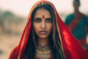 schön indisch Mädchen Hindu weiblich Modell- im Sari und Kundan Zubehör rot traditionell Kostüm von Indien foto