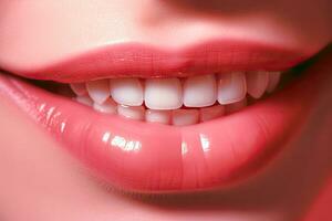 Frau lächelnd Nahansicht lächelnd, schön Zähne gegen abstrakt Hintergrund, Zähne Aufhellung. Dental Klinik geduldig foto