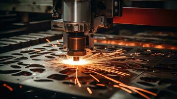 cnc Mahlen Maschine. Laser- Schneiden von Stahl zum Metall. Maschine Werkzeug Industrie Ausstellung, Laser- Funken foto