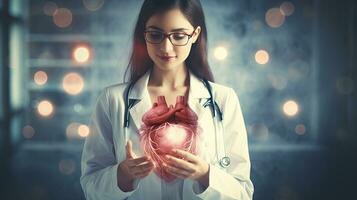 weiblich Arzt Prüfstein virtuell Herz im Hand Hand gezeichnet Mensch Organe Hervorheben rot ist ein Symbol von Krankheit. Krankenhaus Behandlung Konzept foto