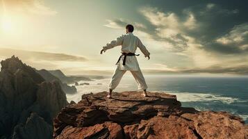 isoliert Weiß Karate Kämpfer im Weiß Uniform Stehen im das Mitte von ein Cliff foto