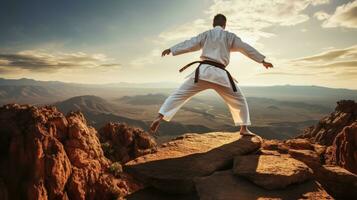 isoliert Weiß Karate Kämpfer im Weiß Uniform Stehen im das Mitte von ein Cliff foto