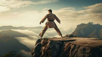 isoliert Weiß Karate Kämpfer im Weiß Uniform Stehen im das Mitte von ein Cliff foto