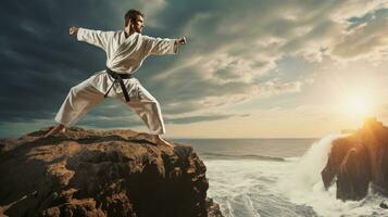 isoliert Weiß Karate Kämpfer im Weiß Uniform Stehen im das Mitte von ein Cliff foto