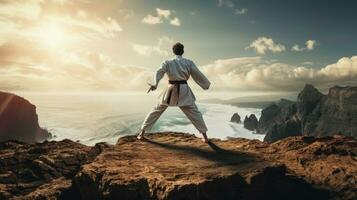 isoliert Weiß Karate Kämpfer im Weiß Uniform Stehen im das Mitte von ein Cliff foto