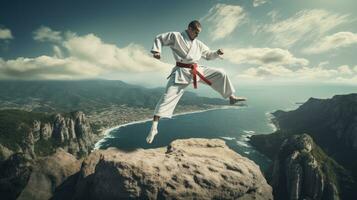 isoliert Weiß Karate Kämpfer im Weiß Uniform Stehen im das Mitte von ein Cliff foto