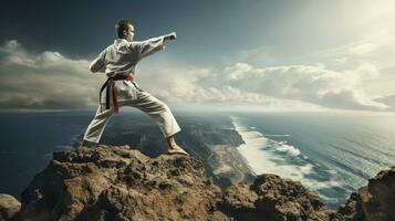 isoliert Weiß Karate Kämpfer im Weiß Uniform Stehen im das Mitte von ein Cliff foto