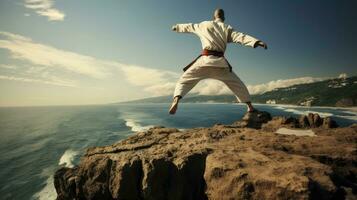 isoliert Weiß Karate Kämpfer im Weiß Uniform Stehen im das Mitte von ein Cliff foto