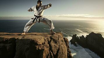 isoliert Weiß Karate Kämpfer im Weiß Uniform Stehen im das Mitte von ein Cliff foto